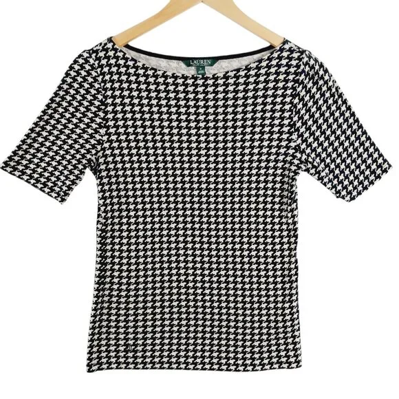 Lauren Ralph Lauren, Black & White Houndstooth Short Sleeve Cotton Top, Medium - Picture 4 of 13